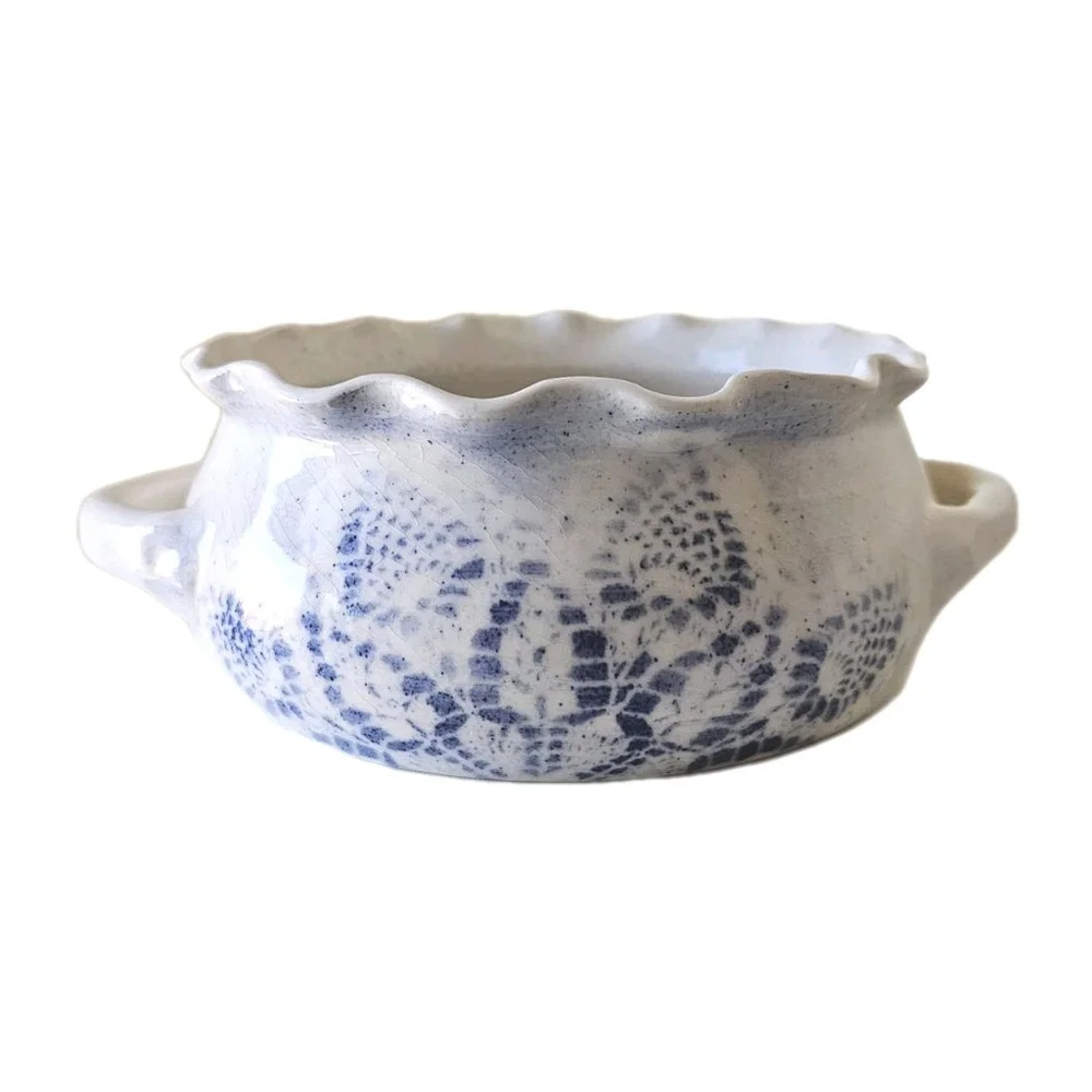 Ruffle Edge Artisan Ceramic Dish With Doily Impression Blue and White Design
